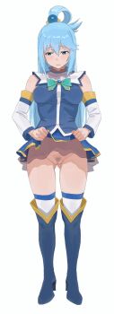 1girl aqua_(konosuba) blue_boots blue_eyes blue_hair blush boots breasts clothes_lift detached_sleeves expressionless female_pubic_hair full_body gluteal_fold hair_between_eyes hair_ornament hair_rings half-closed_eyes highres kono_subarashii_sekai_ni_shukufuku_wo! long_hair looking_down medium_breasts no_panties pubic_hair pussy sketch skirt skirt_lift solo sphere_hair_ornament standing thighhighs thighs toxic_(toxicv) uncensored white_sleeves