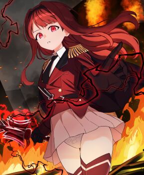 1girl absurdres black_gloves black_hairband black_necktie black_thighhighs city commentary dark_persona dog_print_panties epaulettes fire floating_hair floris_(saber13) food_print front-print_panties fruit_print gloves hairband highres holding holding_weapon idol_heroes_(idolmaster) idolmaster idolmaster_million_live! idolmaster_million_live!_theater_days jacket long_hair long_sleeves looking_at_viewer miniskirt necktie official_alternate_costume outdoors outstretched_hand panties pantyshot parted_lips pleated_skirt print_panties red_eyes red_hair red_jacket skirt solo standing tanaka_kotoha tanaka_kotoha_(thanatos_empress) thighhighs underwear upskirt weapon white_skirt