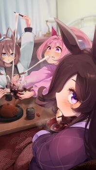 3girls absurdres ahoge animal_ears blue_eyes blush bowl brown_hair chopsticks commentary_request ear_covers eating hair_between_eyes hair_over_one_eye hairband haru_urara_(umamusume) highres holding holding_bowl holding_chopsticks horse_ears horse_girl kotatsu long_hair looking_at_viewer mihono_bourbon_(umamusume) multiple_girls pink_hair ponytail purple_eyes rice_shower_(umamusume) shijima_(shizima_03) table umamusume white_hairband