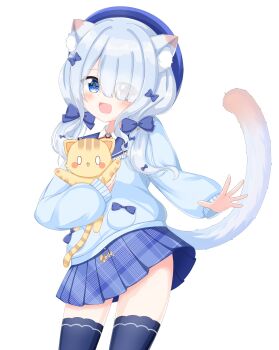 Rule 34 | 0 0, 1girl, :d, absurdres, animal, animal ear fluff, animal ears, arisugawa etona, beret, black thighhighs, blue bow, blue eyes, blue hair, blue hat, blue jacket, blue sailor collar, blue skirt, blue tail, blunt bangs, blush, bow, cat, cat ears, cat girl, cat tail, clothes lift, collared jacket, collared shirt, commentary request, cowboy shot, eyes visible through hair, fang, fish skeleton hair ornament, frilled sailor collar, frills, gradient tail, hair bow, harunopoteto, hat, heterochromia, highres, holding, holding animal, indie virtual youtuber, jacket, long hair, long sleeves, looking at viewer, low-tied long hair, multiple hair bows, neck ribbon, one eye covered, open mouth, plaid clothes, plaid skirt, pleated skirt, pocket bow, puffy long sleeves, puffy sleeves, red eyes, red ribbon, ribbon, sailor collar, shirt, simple background, skin fang, skirt, skirt lift, smile, tail, tail raised, thighhighs, tiger, tyler (arisugawa etona), unmoving pattern, virtual youtuber, white background, white shirt, wing collar, yellow cat, zettai ryouiki