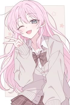 1girl bang_dream! bang_dream!_it&#039;s_mygo!!!!! blush border bow bowtie brown_bow brown_bowtie brown_skirt cardigan chihaya_anon commentary e20 fang grey_cardigan grey_eyes hand_up highres long_hair long_sleeves looking_at_viewer one_eye_closed open_mouth outside_border pink_hair plaid_clothes plaid_skirt skirt sleeves_past_wrists solo teeth upper_teeth_only w white_border