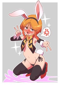 1girl absurdres alternate_costume anger_vein animal_ear_hairband animal_ears bikini bikini_bottom_only black_bikini black_capelet black_sleeves black_thighhighs bright_pupils capelet commentary_request detached_sleeves double_v fake_animal_ears fake_tail full_body gundam gundam_zz gyaru_v hairband half-closed_eyes hands_up high_heels highres long_sidelocks looking_at_viewer navel neo_zeon no_shirt onimaru_(onimal7802) open_mouth orange_hair purple_eyes puru_two rabbit_ears rabbit_tail red_shoes shoes short_hair sidelocks smile solo speech_bubble spoken_anger_vein squatting swimsuit tail thighhighs thought_bubble v v-shaped_eyebrows white_pupils wrist_cuffs