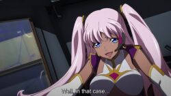 1girl animated anime_screenshot blue_eyes bouncing_breasts breasts catherine_sabathra cleavage clothing_cutout code_geass code_geass:_dakkan_no_roze dark-skinned_female dark_skin earrings highleg highleg_leotard highres hoop_earrings jewelry large_breasts leotard lips pink_hair robot sideboob sound subtitled tagme twintails underboob_cutout vehicle_interior video white_leotard