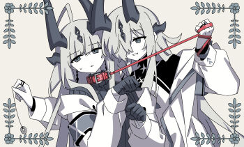 2girls animal_collar arknights armband breasts collar commentary_request diffraction_spikes earrings gloves highres holding holding_leash holding_pendulum incest isikishoku_akn jacket jacket_partially_removed jewelry leash leash_pull long_sidelocks long_sleeves looking_at_another looking_to_the_side multiple_girls multiple_rings necrass_(arknights) parody paw_pose pendulum pet_play red_collar reed_(arknights) ring siblings sidelocks sisters small_breasts star_(symbol) style_parody sweater turtleneck turtleneck_sweater upper_body white_jacket yuri