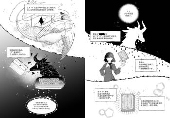 1girl absurdres book chinese_text commentary_request dragon dress feathered_wings floating floating_object greyscale han_sooyoung highres horns monochrome object_floating_above_hand omniscient_reader&#039;s_viewpoint sanjinmogufufu split_screen translation_request upper_body wings