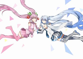 2girls aqua_eyes aqua_hair aqua_trim arm_tattoo blue_necktie boots cherry_blossom_print cherry_hair_ornament closed_mouth collared_shirt detached_sleeves dual_persona floating_hair floral_print food-themed_hair_ornament grey_skirt grey_sleeves hair_between_eyes hair_ornament hatsune_miku headset highres long_hair long_sleeves looking_at_viewer mittens multiple_girls necktie number_tattoo official_alternate_costume pink_eyes pink_hair pink_necktie pink_shirt pink_skirt pink_sleeves pink_trim rin_(yukameiko) sakura_miku scarf shirt simple_background skirt sleeveless sleeveless_shirt smile snowflake_print tattoo thigh_boots thighhighs twintails very_long_hair vocaloid white_background white_mittens white_scarf wide_sleeves yuki_miku yuki_miku_(2011) zettai_ryouiki