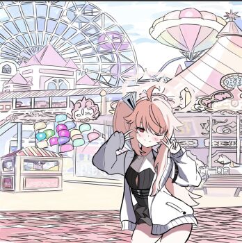 1girl artist_request blue_archive breasts cardigan double_v halo long_hair natsu_(blue_archive) one_eye_closed pink_hair pink_halo red_eyes side_ponytail small_breasts solo thighs v white_cardigan