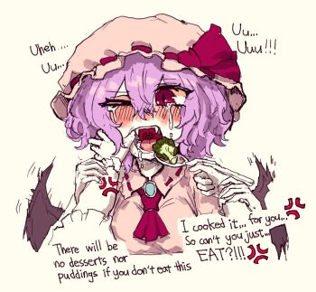 Rule 34 | 2girls, anger vein, angry, ascot, bat wings, blush, broccoli, brooch, collared shirt, commentary, crying, crying with eyes open, english commentary, feeding, force-feeding, hat, hat ribbon, highres, holding, holding spoon, izayoi sakuya, jewelry, mob cap, multiple girls, one eye closed, open mouth, pink hat, pink shirt, rampa93, red ascot, red eyes, remilia scarlet, ribbon, ribbon-trimmed collar, ribbon trim, shirt, simple background, spoon, tears, touhou, uu~, wings, yellow background
