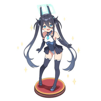 Rule 34 | 1girl, :d, aris (armed) (blue archive), aris (blue archive), bare shoulders, black boots, black gloves, black hair, blue archive, blue eyes, blush, boots, breasts, collarbone, commentary request, elbow gloves, full body, gloves, groin, hair between eyes, halo, hatsunatsu, headgear, leotard, long hair, looking at viewer, open mouth, partial commentary, sidelocks, simple background, small breasts, smile, solo, standing, teeth, thigh boots, twintails, upper teeth only, very long hair, white background, white leotard