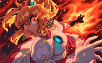 1girl alternate_color bad_id bad_twitter_id blonde_hair brooch crown dark_background dress earrings eigaka embers eyelashes fire fire_flower fire_peach gloves glowing glowing_eyes highres jewelry mario_(series) mini_crown nintendo o3o orange_eyes parted_lips ponytail princess_peach pyrokinesis solo super_mario_3d_world upper_body white_dress white_gloves