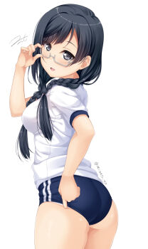 1girl :d adjusting_buruma adjusting_clothes adjusting_eyewear ass black_eyes black_hair blue_buruma blush braid breasts buruma commentary_request from_behind glasses gym_shirt gym_uniform hair_over_shoulder highres hino_minato_(spec.c) long_hair looking_at_viewer love_live! love_live!_nijigasaki_high_school_idol_club low_twin_braids medium_breasts nakagawa_nana open_mouth panties panties_under_buruma panty_peek semi-rimless_eyewear shirt simple_background smile solo twin_braids under-rim_eyewear underwear white_background white_shirt yuki_setsuna yuki_setsuna_(love_live!)