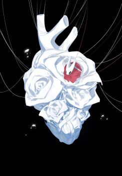 1girl arthropod_girl black_background black_skin bug butterfly cloak colored_skin dkl_(dinosaurkl2) flower heart_(organ) hollow_eyes hollow_knight hollow_knight:_silksong horned_mask hornet_(hollow_knight) horns insect mask needle_(hollow_knight) red_cloak simple_background solo thread weapon weapon_on_back white_flower white_mask