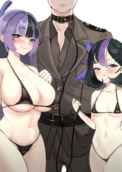 1boy 2girls animal_collar bikini black_bikini black_hair breasts collar commander_(nikke) faceless faceless_male facing_viewer fang female_pervert from_front goddess_of_victory:_nikke hair_ornament hair_stick half-siblings hetero highres hime_cut holding holding_leash huge_breasts ieugama jien_(nikke) large_breasts leash long_hair looking_at_viewer micro_bikini military_uniform mole mole_under_each_eye mole_under_eye multicolored_hair multiple_girls multiple_moles nervous_sweating pervert petite purple_eyes purple_hair purple_ribbon revealing_clothes ribbon short_hair shy siblings simple_background sisters size_difference skin_fang small_breasts smile streaked_hair sweat swimsuit syuen_(nikke) tactical_clothes thighs wavy_mouth white_background