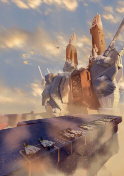 3d absurdres aircraft airplane canopy_(aircraft) choujikuu_yousai_macross cloud fighter_jet flying highres macross mecha military military_vehicle no_humans riccardo_bucci robot science_fiction sdf-1 sky solo variable_fighter vf-1