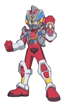 Rule 34 | 1boy, arm up, commentary request, cosplay, covered mouth, denkou choujin gridman, green eyes, gridman (character), gridman (denkou choujin), kin-san (sasuraiga), looking at viewer, male focus, mega man (series), mega man battle network, mega man battle network (series), megaman.exe, red footwear, simple background, solo, white background