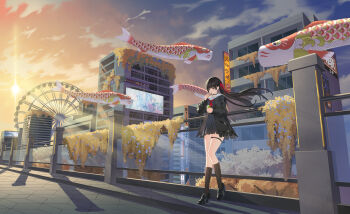1girl absurdres against_railing black_hair black_jacket black_serafuku black_shirt black_skirt boost404 chisa_(wuthering_waves) commentary evening ferris_wheel hair_ribbon highres holding jacket long_hair outdoors railing red_eyes red_ribbon ribbon sailor_collar school_uniform serafuku shirt skirt solo white_sailor_collar wuthering_waves