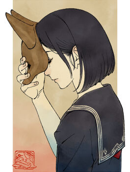 1girl black_eyes black_hair commentary fox_mask from_side hair_behind_ear highres looking_down mask medium_hair portrait putting_on_mask sailor_collar school_uniform shimizu_hinako silent_hill_(series) silent_hill_f symbol-only_commentary terayama_(terra_yama_8383)