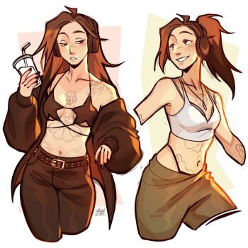 Rule 34 | 1girl, arm tattoo, belt, bikini, bikini top only, black belt, black bikini, black nails, black pants, bra, breasts, brown eyes, brown hair, camisole, chest tattoo, commentary, crop top, cup, disposable cup, drinking straw, freckles, gluca, grey bra, headphones, highleg, highleg panties, highres, holding, holding cup, jewelry, navel, necklace, panties, pants, ponytail, self-portrait, shoulder tattoo, signature, small breasts, smile, star-shaped bikini, stomach tattoo, swimsuit, tattoo, underboob, underwear, white camisole, wireless headphones