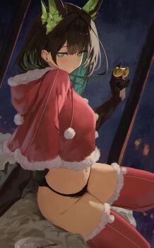 1girl absurdres animal_ears arknights bell black_hair black_panties black_skin blush claws closed_mouth colored_inner_hair colored_skin cropped_hoodie extra_ears fur_trim green_hair highres holding holding_bell holding_own_hair hood hoodie long_hair looking_at_viewer mon3tr_(arknights) multicolored_hair multicolored_skin panties red_hoodie red_thighhighs santa_costume shikyou_yoru solo sweatdrop tail thighhighs two-tone_hair underwear