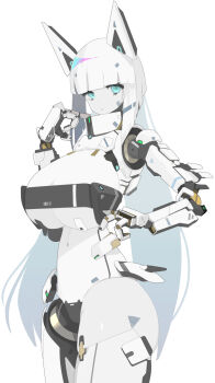 1girl android animal_ears aqua_eyes bandeau barcode blunt_bangs breasts cat_ears closed_mouth collar_tug colored_skin cowboy_shot dot_mouth dot_nose facial_mark highres huge_breasts joints long_hair looking_at_viewer mark_under_both_eyes mecha_musume mechanical_arms mechanical_ears mechanical_hands nanatsuki_sousuke navel original robot_joints science_fiction sidelocks simple_background solo standing triangle triangle_facial_mark underboob very_long_hair white_background white_hair white_skin