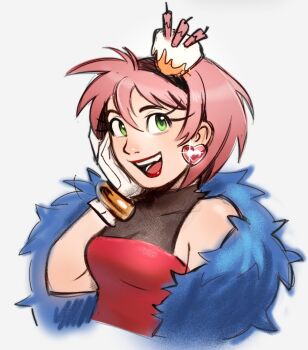 1girl 2025 amy_rose bare_arms black_hairband blush bracelet breasts cake cropped_torso dress female_focus food food-themed_hair_ornament green_eyes hair_ornament hairband hand_on_own_cheek hand_on_own_face humanization jewelry long_eyelashes looking_at_viewer maitroll medium_breasts official_alternate_costume open_mouth pink_hair red_dress red_lips sega short_hair simple_background solo sonic_(series) stole teeth the_murder_of_sonic_the_hedgehog upper_body white_background