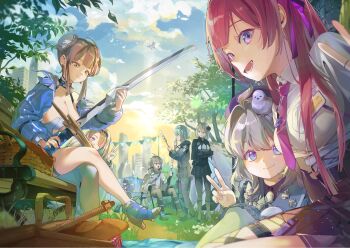 1boy 6+girls :d adelheid_(chaos_zero_nightmare) bird blue_eyes blue_hair blue_shoes bra breasts brown_hair center_frills chaos_zero_nightmare cleaning cleaning_rag cleaning_weapon cleavage cloud commentary double_bun flower flying food frills glasses green_eyes grey_hair hair_bun hair_flower hair_ornament halo haru_(chaos_zero_nightmare) hat high_heels highres holding holding_skewer holding_sword holding_weapon la_el0616 marshmallow mechanical_wings mika_(chaos_zero_nightmare) multiple_girls one_eye_closed open_mouth outdoors owen_(chaos_zero_nightmare) picnic picnic_basket picnic_blanket purple_eyes purple_hat red_bra red_hair rei_(chaos_zero_nightmare) renoa_(chaos_zero_nightmare) sereniel_(chaos_zero_nightmare) shoes sitting skewer sky smile string_of_flags sword tressa_(chaos_zero_nightmare) underwear v weapon wings wiping yellow_sky yuki_(chaos_zero_nightmare)