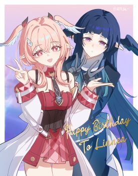 2girls absurdres artist_name black_gloves black_necktie blue_dress blue_hair breasts celaeno_(genshin_impact) chinese_commentary commentary_request cowboy_shot detached_sleeves double_v dress english_text genshin_impact gloves hair_between_eyes hands_up happy_birthday head_wings heart heart-shaped_pupils highres kurihara_junichi linnea_(genshin_impact) long_hair long_sleeves medium_breasts multiple_girls necktie open_mouth parted_lips pink_hair pointy_ears purple_eyes red_dress red_eyes siblings sisters strapless strapless_dress symbol-shaped_pupils v very_long_hair white_sleeves wings