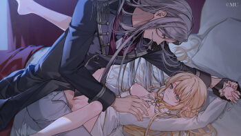 1boy 1girl blonde_hair blue_eyes bow braid buttons censored cleavage_cutout closed_mouth clothing_cutout collared_shirt game_asset gem gloves grabbing_another's_breast grabbing_another's_hand grey_hair groping harihara_hari indoors jacket jewelry jill_orel_i long_hair long_sleeves mosaic_censoring necklace official_art on_bed pants penis philia_kartner pillow profile purple_eyes sex shirt smile spread_legs the_goddess_of_tears_~restoration~ vaginal visual_novel_cg white_bow white_pants