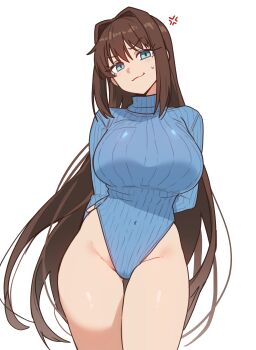 1girl absurdres anger_vein aozaki_aoko arms_behind_back blue_eyes blue_leotard breasts brown_hair ebora false_smile hair_intakes heattech_leotard highleg highleg_leotard highres large_breasts leotard long_hair looking_at_viewer mahou_tsukai_no_yoru ribbed_leotard ribbed_sweater sleeved_leotard smile solo sweater turtleneck very_long_hair white_background