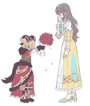 Rule 34 | > <, 2girls, aqua bow, aqua flower, aqua shoes, arm at side, black boots, black gloves, black horns, blonde hair, blush, boots, bouquet, bow, brown hair, covered mouth, curled horns, daiba nana, dress, dress bow, dress flower, earrings, ecgz 080, falling petals, flower, from side, full body, fur-trimmed dress, fur trim, giving, gloves, green eyes, hair flower, hair ornament, hairband, hand to own mouth, hand up, hands up, height difference, high heels, highres, holding, holding bouquet, horns, hoshimi junna, jewelry, long dress, long hair, looking at another, looking down, multiple girls, nose blush, official alternate costume, official alternate hairstyle, outstretched arms, parted lips, petals, pink flower, pink rose, profile, pumps, red dress, red flower, red rose, rose, shoes, short sleeves, short twintails, shoujo kageki revue starlight, shoujo kageki revue starlight -re live-, simple background, sleeves past wrists, standing, sweatdrop, tail, trembling, twintails, two-tone dress, v-shaped eyebrows, wavy hair, white background, white dress, wide sleeves, wrist cuffs, yellow dress, yellow hairband, yuri