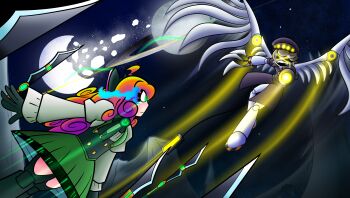 1boy 1girl absurdres aerial_battle ahoge android arm_cannon battle black_hat black_jacket black_thighhighs body_freckles bow breasts broken_moon carbonated-jem clash commentary curly_hair duel english_commentary face_filter fewer_digits fighting floating floating_object floating_sword floating_weapon freckles glowing glowing_eyes green_eyes green_shrug grey_hair hair_bow hat highres humanoid_robot jacket long_hair long_sleeves machine mechanical_arms mechanical_head mechanical_legs mechanical_tail mechanical_wings moon murder_drones n_(murder_drones) neon_trim open_mouth orange_hair oversized_wings penny_polendina robot rocket_boots rwby science_fiction screen short-sleeved_jacket short_hair short_sleeves shoulder_freckles shrug_(clothing) skirt star_(sky) sword tail thighhighs trait_connection two-tone_hat vs weapon weapon_formation wings yellow_eyes