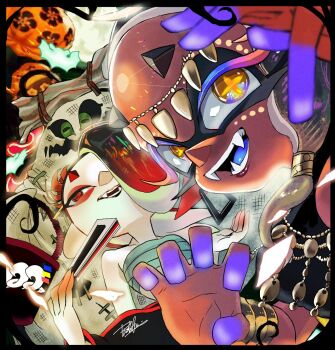Rule 34 | 2girls, big man (splatoon), big man (splatoween) (splatoon), black border, black hair, black lips, black shirt, border, bracer, cephalopod eyes, chest sarashi, claw pose, colored extremities, colored eyelashes, colored skin, colored tongue, commentary, crop top, cross-shaped pupils, dark-skinned female, dark skin, earrings, english commentary, eyeshadow, fangs, folded fan, folding fan, frye (splatoon), frye (splatoween) (splatoon), gradient hair, hair over one eye, halloween costume, hand fan, head chain, holding, holding fan, horizontal pupils, inkling, isamu-ki (yuuki), jewelry, long eyelashes, looking at viewer, makeup, medium hair, multicolored hair, multiple girls, nintendo, octoling, official alternate costume, one eye covered, open mouth, orange eyes, purple tongue, red eyes, red eyeshadow, red hair, sarashi, shirt, shiver (splatoon), shiver (splatoween) (splatoon), smile, splatoon (series), splatoon 3, symbol-shaped pupils, tentacle hair, white skin
