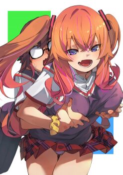 1boy 1girl agatsuma_makina akutsu_eita android blue_eyes blush breasts brown_hair carrying clothes_lift eyeless_male fang femdom glasses grabbing_another's_breast grabbing_another's_hand grabbing_from_behind groping highres kakushite!_makina-san!! large_breasts long_hair lower_teeth_only multicolored_eyes no_eyes open_mouth orange_hair panties purple_eyes robot school_uniform shota simple_background size_difference skirt skirt_lift smile tall_female teeth twintails two-tone_eyes underwear vest white_background