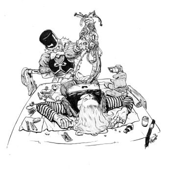 1boy 1girl android android_18 artist_request barefoot breasts dr._gero_(dragon_ball) dr_gero dragon_ball dragonball_z greyscale highres long_sleeves looking_at_another looking_back lying machine mako_vice monochrome nipples on_back shirt simple_background skirt white_background