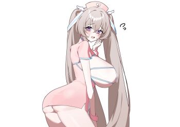 1girl blush bow breasts brown_hair dress eyepatch hair_ornament hat huge_breasts large_breasts long_hair looking_at_viewer medical_eyepatch nurse nurse_cap open_mouth original panties pink_dress red_eyes simple_background solo taiyaki12 thighs underwear very_long_hair white_background white_bow white_panties wing_hair_ornament wrist_cuffs