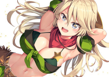 1girl :d armpits arms_up bandeau bare_shoulders belt blonde_hair blue_eyes breasts brown_belt cleavage collarbone commentary_request cosplay cowboy_shot detached_sleeves dutch_angle front-tie_top green_bandeau green_skirt green_sleeves groin hair_between_eyes hat_on_back holster iowa_(kancolle) kantai_collection large_breasts light_particles long_hair looking_at_viewer midriff navel open_mouth outdoors puffy_detached_sleeves puffy_sleeves red_scarf scarf sheriff_badge sidelocks simple_background skirt smile solo standing star_(symbol) taiki_shuttle_(umamusume) taiki_shuttle_(umamusume)_(cosplay) teeth umamusume upper_teeth_only white_background yasume_yukito
