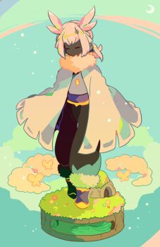 Rule 34 | 1girl, blue sky, boots, cape, cave, cloud, commentary request, dark-skinned female, dark skin, floating island, full body, grey pants, highres, mizuki tsukimori, pants, purple boots, purple shirt, shirt, short hair, sky, sky: children of the light, sky child, solo, standing, white cape, white hair