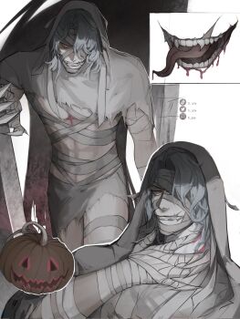 1boy bandages blood claws fangs genshin_impact highres lulix pink_eyes pumpkin rerir_(genshin_impact) tongue tongue_out torn_clothes white_background white_hair