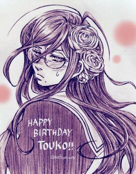 1girl antenna_hair blush character_name closed_mouth commentary_request danganronpa_(series) danganronpa_another_episode:_ultra_despair_girls eyelashes flower fukawa_toko glasses hair_between_eyes hair_flower hair_ornament happy_birthday hatsue_m270 highres long_hair looking_back messy_hair mole mole_under_mouth monochrome purple_theme round_eyewear sailor_collar solo sweatdrop twitter_username