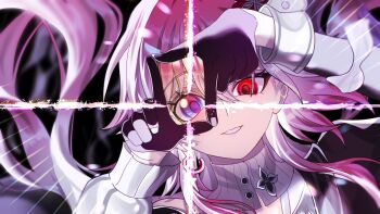 1girl black_gloves blue_eyes earrings evernight_(honkai:_star_rail) finger_frame flower gloves hair_flower hair_ornament heterochromia highres honkai:_star_rail honkai_(series) jewelry long_hair march_7th_(honkai:_star_rail) oekakidekinai1 pink_hair portrait red_eyes smile solo split_screen