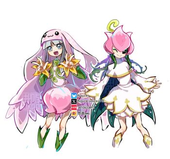 Rule 34 | 2girls, cosplay, costume switch, cowboy shot, cross-shaped pupils, digimon, digimon (creature), double w, dress, green hair, grey eyes, grey hair, lilimon, lilimon (cosplay), long hair, multiple girls, nun, one eye closed, pink dress, plant hair, sistermon blanc, sistermon blanc (cosplay), symbol-shaped pupils, w, white dress, youzaiyouzai112