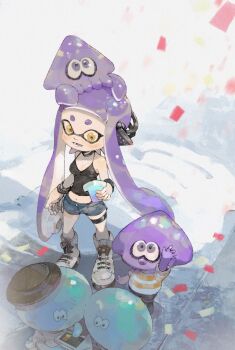 1girl animal animal_on_head bare_shoulders behind-the-head_headphones black_choker black_shirt blue_shorts boots bracelet breasts child choker cleavage commentary_request confetti crop_top denim denim_shorts full_body headphones highres holding holding_phone inkling inkling_girl inkling_player_character jellyfish_(splatoon) jewelry long_hair midriff navel nintendo on_head open_mouth outdoors panchicchi_(pixiv_101958735) phone purple_hair shirt short_shorts shorts smile splatoon_(series) squid standing tentacle_hair thigh_strap twintails white_boots wide_hips yellow_eyes