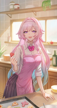 1girl absurdres alternate_costume apron black_skirt blue_hair bow bowtie commentary cookie cyrene_(demiurge)_(honkai:_star_rail) cyrene_(honkai:_star_rail) diamond-shaped_pupils diamond_(shape) food gradient_hair hair_intakes hairband highres holding honkai:_star_rail honkai_(series) indoors isome jewelry long_hair looking_at_viewer multicolored_hair open_mouth pink_bow pink_bowtie pink_hair pointy_ears ring shirt sidelocks skirt smile solo symbol-only_commentary symbol-shaped_pupils white_hairband white_shirt