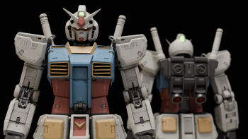 3d absurdres back black_background blender_(medium) character_name commentary dual_persona earth_federation emblem english_commentary english_text gundam highres jetpack machinery mecha mecha_focus mjeff mobile_suit mobile_suit_gundam multiple_views no_humans realistic robot roundel rx-78-2_gundam science_fiction thrusters upper_body v-fin vernier_thrusters yellow_eyes