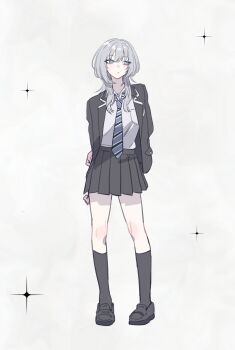 1girl absurdres arms_behind_back black_jacket black_shoes black_skirt black_socks blue_eyes blue_necktie choppy_bangs closed_mouth commentary diagonal-striped_clothes diagonal-striped_necktie full_body grey_hair haimiya_mio_(kamiyama_sumu) highres jacket kamiyama_sumu long_hair looking_to_the_side miniskirt mole mole_under_eye necktie original pleated_skirt school_uniform shirt shoes skirt socks solo striped_clothes symbol-only_commentary white_background white_shirt