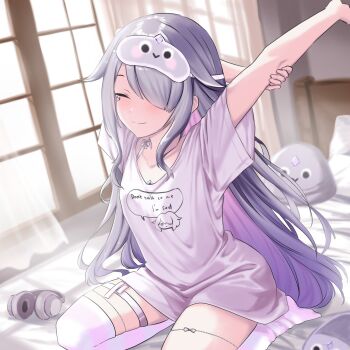 1girl absurdres breasts chest_jewel closed_eyes commentary english_commentary gem grey_hair highres hololive hololive_english jewel_under_eye koseki_bijou koseki_bijou_(pebble_pajamas) long_hair multicolored_hair official_alternate_costume pebble_(koseki_bijou) pink_hair purple_eyes purple_hair shirohodo shirt small_breasts smile solo striped_clothes t-shirt thighhighs virtual_youtuber
