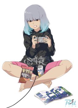 1girl aqua_hair artist_logo artist_name barefoot black_shirt book brown_eyes cable can clenched_teeth commentary controller drink_can eyeliner freckles full_body game_controller gradient_hair grey_hair hands_up highres holding holding_controller holding_game_controller indian_style korean_text kyung-hu_(r3dfive) lipstick logo looking_ahead loungewear makeup medium_hair multicolored_hair nail_polish open_book orange_lips orange_nails original pink_shorts playing_games playing_video_games r3dfive serious shirt shorts simple_background sitting solo teeth translation_request two-tone_hair white_background yellow_eyeliner