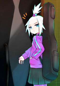 Rule 34 | 1girl, absurdres, aqua eyes, aqua skirt, commentary request, guitar case, hair bobbles, hair ornament, hand in pocket, highres, instrument case, long sleeves, looking back, meta-g (curc8737), nintendo, notice lines, pokemon, pokemon bw2, purple shirt, roxie (pokemon), shirt, skirt, solo, topknot, white hair