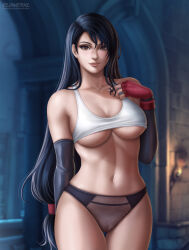 Rule 34 | 1girl, black gloves, black hair, black panties, breasts, brown eyes, eye contact, final fantasy, final fantasy vii, final fantasy vii remake, flowerxl, gauntlets, gloves, hair ornament, hip focus, large breasts, lips, long hair, looking at another, looking at viewer, navel, panties, pussy visible through panties, red gloves, shirt, smile, solo, standing, thighs, tifa lockhart, toned female, underboob, underwear, video game character, white shirt