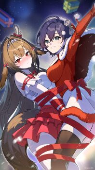 2girls absurdres animal_ears bell belle_(zenless_zone_zero) blue_hair blush bound bound_together bound_wrists bow bowtie box breast_press breasts brown_hair capelet christmas closed_mouth commentary crossed_bangs droopy_ears embarrassed fake_antlers fox_ears fox_girl fox_tail fur-trimmed_capelet fur-trimmed_headwear fur-trimmed_skirt fur_trim gift gift_box green_eyes hair_bow hair_intakes hair_ornament hat highres jingle_bell long_hair looking_at_viewer medium_breasts multiple_girls parted_lips pom_pom_(clothes) pom_pom_hair_ornament red_bow red_bowtie red_capelet red_eyes red_hat red_ribbon red_skirt red_sweater restrained ribbed_sweater ribbon santa_hat shirt short_hair skirt smile ssong990 sweater symbol-only_commentary symmetrical_docking tail tied_up_(nonsexual) tight_clothes white_shirt white_skirt ye_shunguang zenless_zone_zero